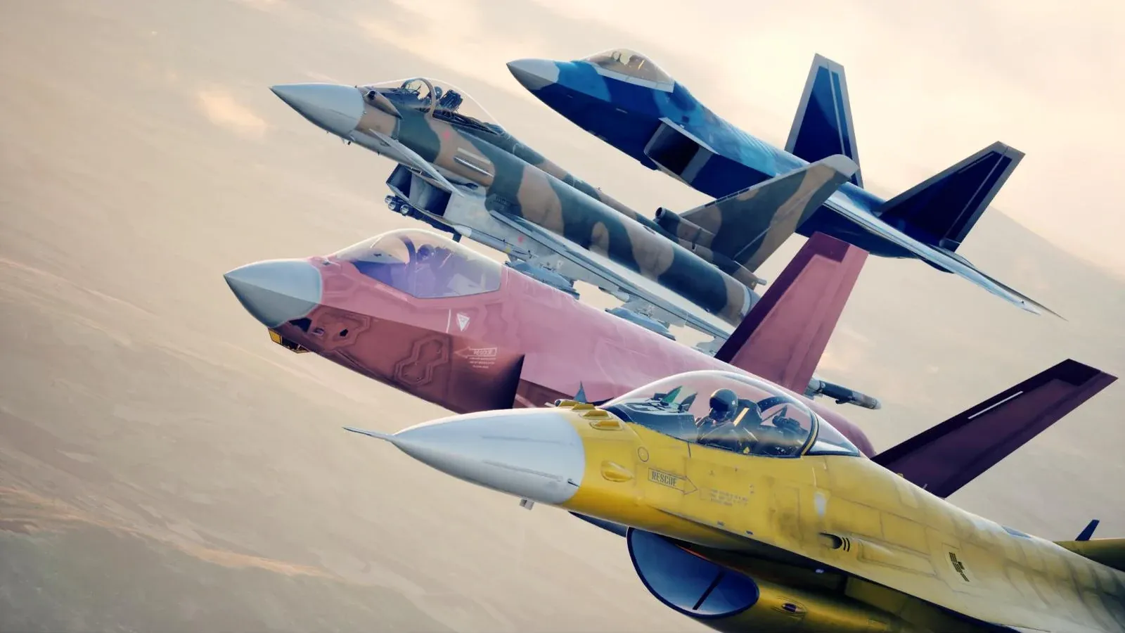 Quatre avions de chasse aux peintures personnalisées, jaune, rose, camouflage désert et bleu, volent en formation serrée au-dessus des nuages dans Ace Combat 8: Wings of Theve.